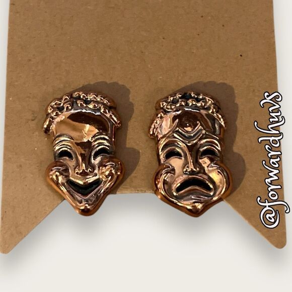 Renoir Marked Copper Drama Masks Clip-On Earrings - Picture 9 of 10
